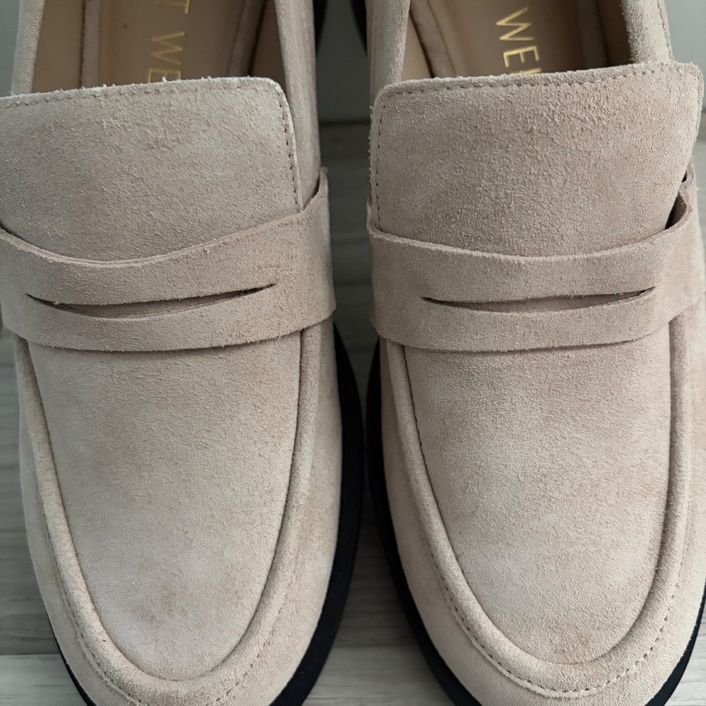 Stuart Weitzman Palmer Beige Suede Penny Loafers Lug Sole Shoes Womens - Picture 13 of 16